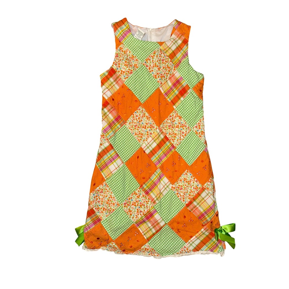 Bonnie Jean Patchwork Dress Kids Size 10 Orange Green‎ Gingham Floral Eyelet